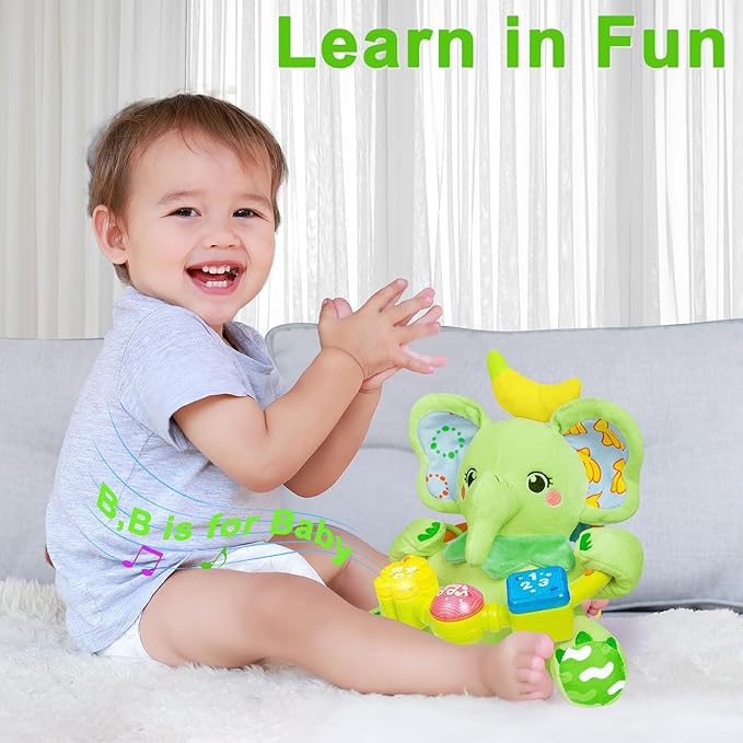 Holaxander Baby Elephant Musical Stuffed Animals Toy with Light-Up Music & Crinkle Sound Paper,Infant Bilingual Early Learning Education Toys,Tummy Time Toys for 0-3-6-12+ Months Boy Girl, Green