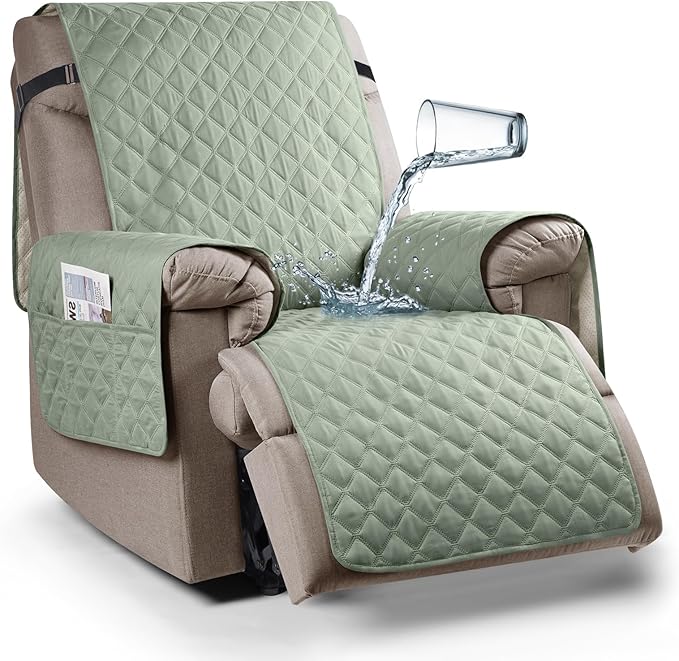 Ruaozz 100% Waterproof Recliner Chair Cover Non-Slip Oversized Reclining Cover for Large Recliner Chair Washable Chair Seat Cover with Elastic Straps for Kids, Dogs, Pets (Sage Green, 28'')