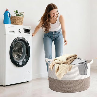65L Large Woven Cotton Rope Blanket Basket with Handles, Laundry Hamper Storage Bin for Pillows, Clothes, Bedroom and Living Room Organization, White & Brown