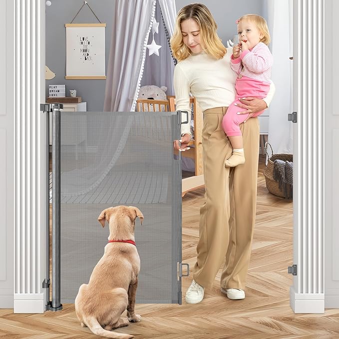 42 Inch Extra Tall Baby Gate for Kids 55" Wide Retractable Baby Gates Extra Tall Retractable Dog Gates for The House Extra Tall Pet Gate Extra Tall Dog Gate Tall Baby Gate for Stair Tall Mesh Dog Gate