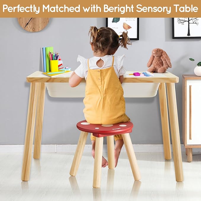 Beright Wooden Step Stool for Kids, Children's Stool Perfect Matched Sensory Table, 9 Inch Sturdy Sitting Stool with Assembled Four-Legged, Mushroom, 2 Pack
