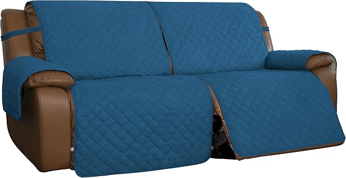 Easy-Going Oversized Loveseat Recliner Cover, Reversible Couch Cover for Double Recliner, Split Sofa Cover for Each Seat with Elastic Straps for Kids, Dogs(Oversized 2 Seater, Peacock Blue/Beige)
