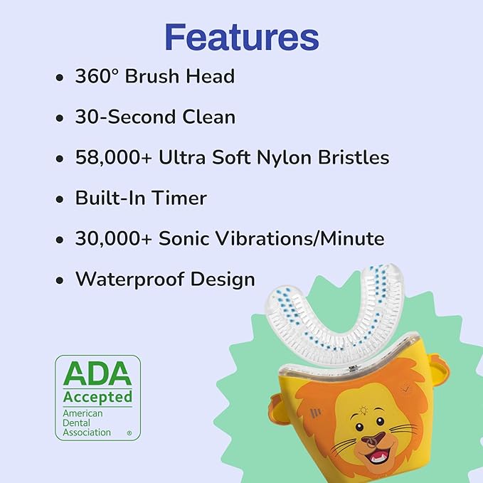autobrush Kids U Shaped Electric Toothbrush, ADA Accepted, Sonic Pro with Unique 360° Nylon Bristles 3 Cleaning Modes,Whitening LED-Lights,Plays Music (Double-Sided),Ages 6-8, Lion