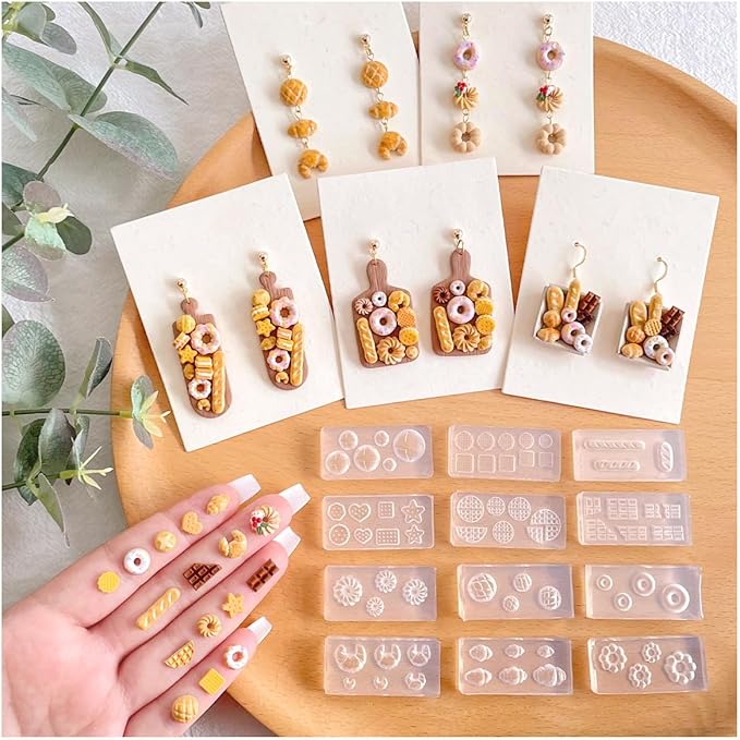 KEOKER 12pcs Polymer Clay Molds, Dessert & Bread Silicone Molds, Earring Molds