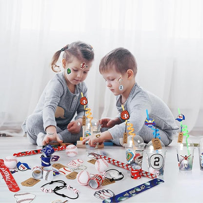 LiYiQ 158 Pcs Baseball Party Favors Baseball Party Supplies With Cup Straw Stress Ball Keychain Sticker Slaps Bracelets Whistle Thank You Tags For Baseball Birthday Decorations (Baseball)