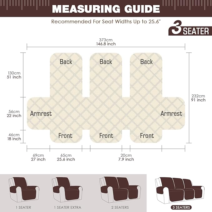 TAOCOCO Waterproof Recliner Couch Cover Sofa Slipcover for 3 Cushion Couch, Pet Sofa Cover for 3 Seat Recliner, Washable Reclining Sofa Cover Furniture Protector with Straps(3 Seater, Coffee)
