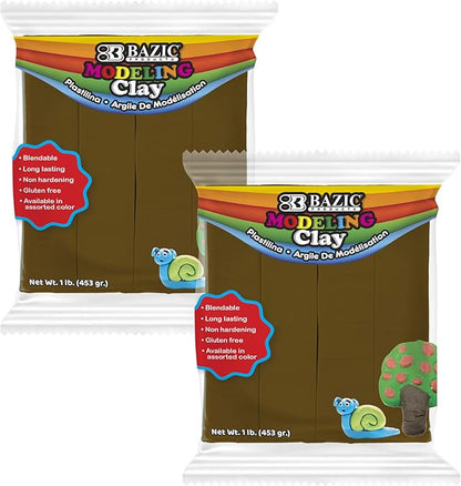 BAZIC Modeling Clay Brown Color 1 LB, Light Dough Art Craft, Non Toxic Gift for Artist Kids Toddler Boys Girls, Bulk for Classroom, 2-Pack
