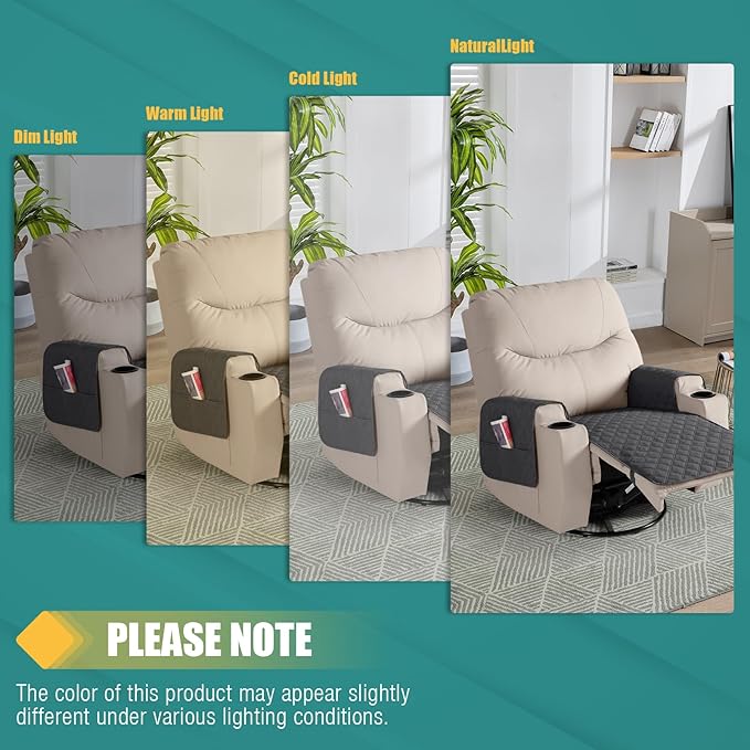 Ruaozz Waterproof Recliner Chair Covers Non Slip Chair Covers Washable Recliner Covers for Reclining Chair with Pockets Covers for Recliner Chair for Pets, Kids (Charcoal Grey, Medium-25'')