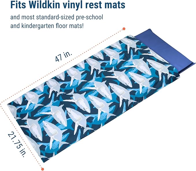 Wildkin Kids Nap Mat Cover for Boys & Girls, Sewn-in Flap Design Rest Mat Cover, Perfect for Preschool & Daycare, Fits Our Vinyl Nap Mat up to 1.5 Inches Including Basic Sleep Mat (Sharks)