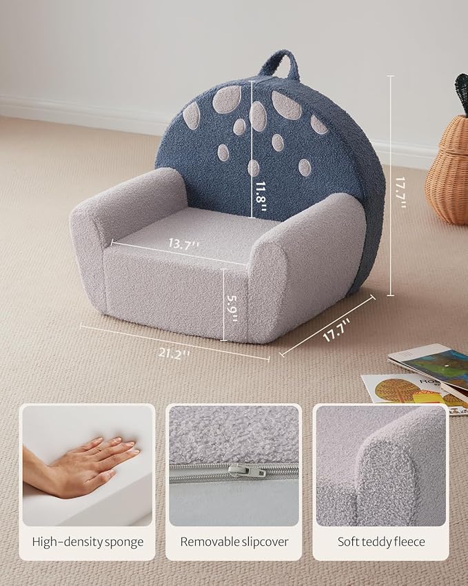 Blissful Diary Toddler Chair Comfy, Foam Kids Chair with Soft Teddy Plush, Toddler Reading Chair with Cute Mushroom Designs- Blue