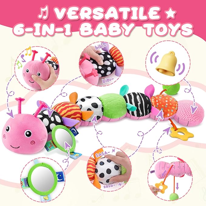 AWOTOY Baby Toys 0-6-12 Months,Musical Caterpillar Stuffed Animals Activity Infant Toys with Crinkle,Rattles,Mirror&Pull String,Muti-Sensory Toys Gifts for Newborn Tummy Time,Candy Pink|Leafy