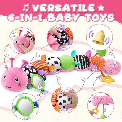 AWOTOY Baby Toys 0-6-12 Months,Musical Caterpillar Stuffed Animals Activity Infant Toys with Crinkle,Rattles,Mirror&Pull String,Muti-Sensory Toys Gifts for Newborn Tummy Time,Candy Pink|Leafy
