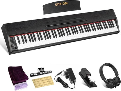UISCOM 88 Key Digital Piano Keyboard for Beginners,Full Size Electric Piano Semi-Weighted Keyboard with Sheet Music Stand,Pedal,Headphone,Power Adapter,USB-MIDI Compatibility,Wood Grain Black
