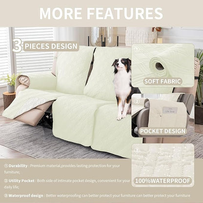 Easehomey Waterproof Recliner Sofa Cover,Non-Slip Reclining Sofa Covers for 3 Seat,Washable Reclining Sofa Cover Furniture Protector with Elastic Straps Pocket for Kids, Pets(Cream White,3Seat)