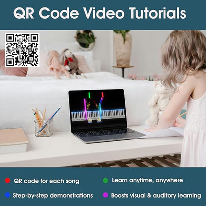 QMG Color Piano and Keyboard Stickers and Complete Color Note Piano Music Lesson and Guide Book for Kids and Beginners; Designed and Printed in USA