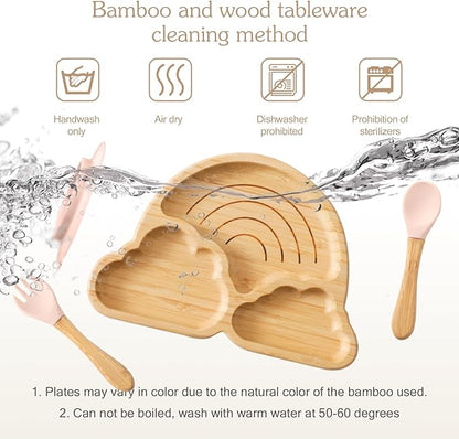 Bamboo Suction Plates Bowls Set for Baby Toddler Divided Platter Food bowl with Silicone Fork & Spoon All-Natural Baby Feeding Set for Baby-Led Weaning, Non-Slip Design