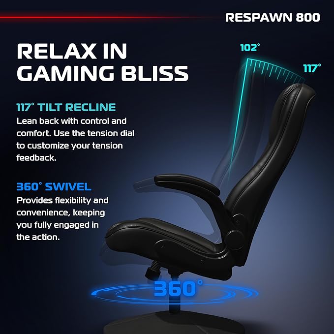 RESPAWN 800 Gaming Chair Floor, Swivel Rocker Gaming Chair, High Back Ergonomic Floor Gaming Chair for Kids and Adults, Gaming Recliner, Floor Rocker Chair with Armrests - Black