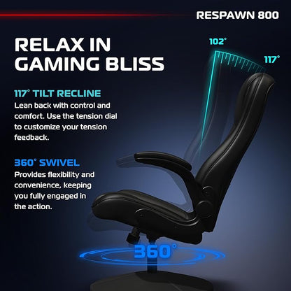 RESPAWN 800 Gaming Chair Floor, Swivel Rocker Gaming Chair, High Back Ergonomic Floor Gaming Chair for Kids and Adults, Gaming Recliner, Floor Rocker Chair with Armrests - Black