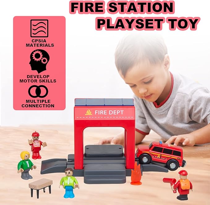 Fire Station Playset Toy for Wooden Train Track,Creative City Firestation Shed Railway Accessories Preschool Learning Educational Pretend Toys for Toddler Kids