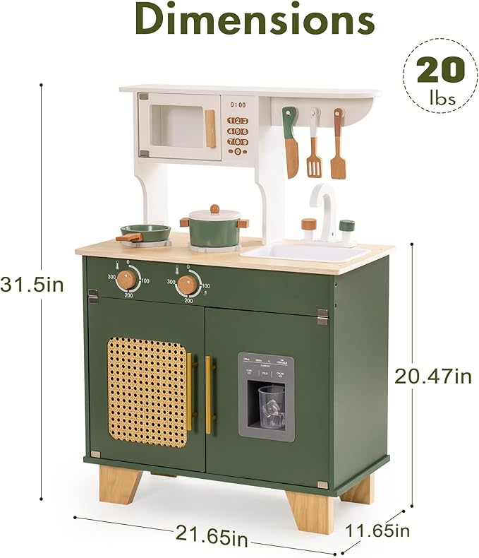 ROBUD Play Kitchen, Kids Kitchen Playset with Pretend Ice Cube Dispenser for Kids Aged 3+, Wooden Toy Kitchen of Birthday Gift to Kids, Vintage Green