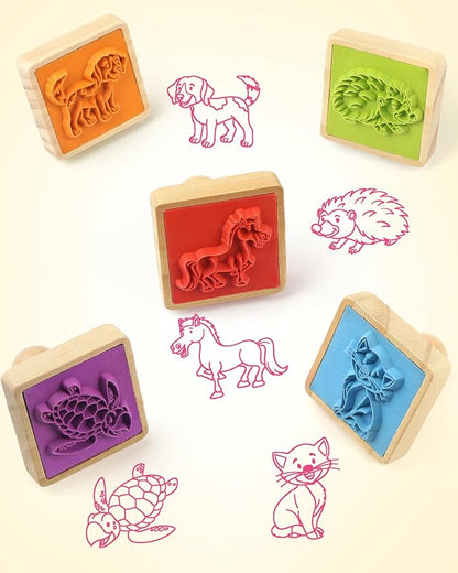 Coogam Wooden Animal Stamps Printing Toy Set, 20pcs Color Shape Stamping for DIY Scrapbook Arts Crafts Supplies Party Favor Toy Gift with Markers Suitable for 3 4 5 Year Old Kids