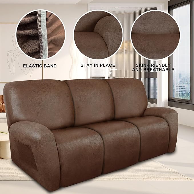 Recliner Couch Cover Leather Look Recliner Sofa Covers for 3 Cushion Reclining Sofa Slipcovers 8-Pieces Furniture Protector Spandex Fabric Washable (3 Seater, 01 Brown)