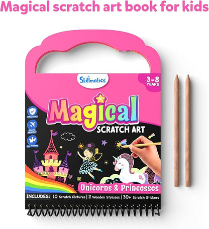 Skillmatics Magical Scratch Art Book for Kids - Unicorns & Princesses, Craft Kits & Supplies, DIY Activity & Stickers, Valentine's Day Gifts for Toddlers, Girls & Boys Ages 3, 4, 5, 6, 7, 8
