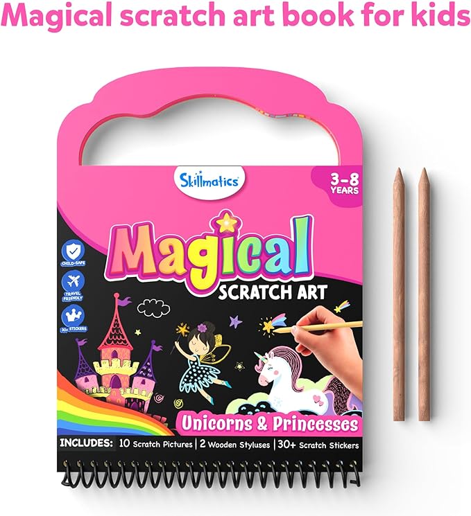 Skillmatics Magical Scratch Art Book for Kids - Unicorns & Princesses, Craft Kits & Supplies, DIY Activity & Stickers, Valentine's Day Gifts for Toddlers, Girls & Boys Ages 3, 4, 5, 6, 7, 8