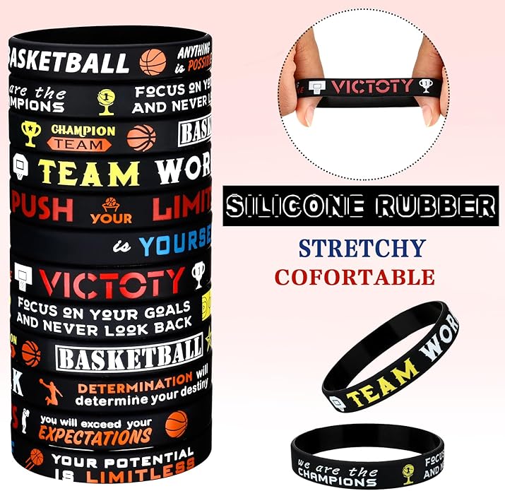 Zhanmai 48 Pieces Basketball Bracelets Silicone Motivational Wristbands, Silicone Inspirational Bracelets Basketball Party Favors for Men Women Sports Birthday Sports Themed Class of 2025 Gifts Party