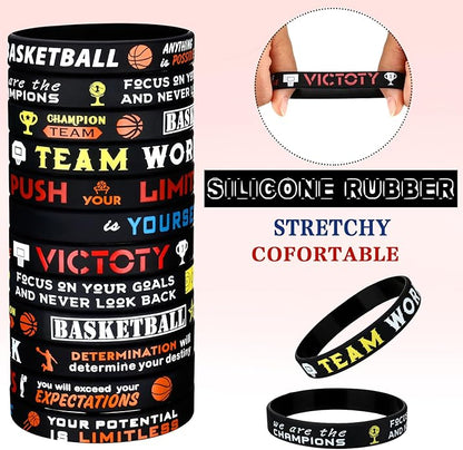 Zhanmai 48 Pieces Basketball Bracelets Silicone Motivational Wristbands, Silicone Inspirational Bracelets Basketball Party Favors for Men Women Sports Birthday Sports Themed Class of 2025 Gifts Party