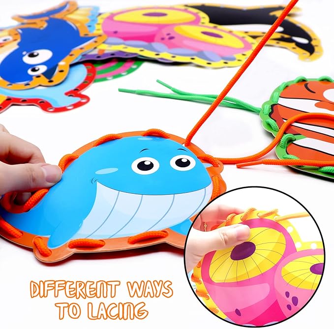 Omlisca Sea Animals Lacing Cards Sewing Cards 12 Pack Shark Whale Ocean Theme Party Decor Double Sided Cardboard Lacing Playing Games for Preschool Home Developing Imagination Education Supplies