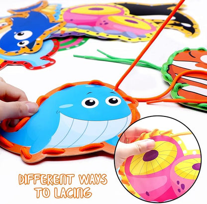 Omlisca Sea Animals Lacing Cards Sewing Cards 12 Pack Shark Whale Ocean Theme Party Decor Double Sided Cardboard Lacing Playing Games for Preschool Home Developing Imagination Education Supplies