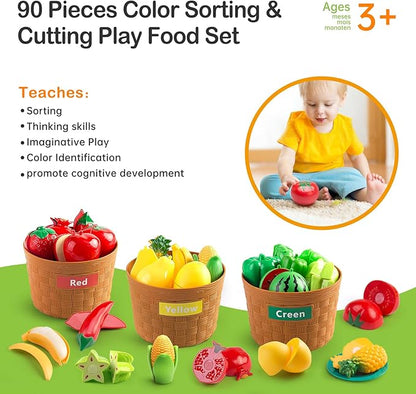 90Pcs Kitchen Playset Accessories, Pretend Cooking with Pots, Pans, Cookware, Food, Fruit, Veges, Color Sorting Baskets, Prop Money, Learning Gift for Girls Boys Toddlers (Turquoise)