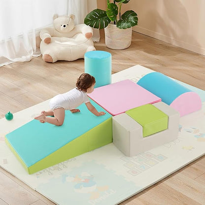 HONEY JOY 6-Piece Climb and Crawl Playset, Soft Climbing Foam Block Activity Play Structure Gym Equipment for Infant Baby, Color Coordination, Waterproof Indoor Climbing Toys for Toddlers (Green)