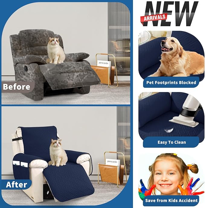 XINEAGE 100% Waterproof Recliner Cover, Non Slip Recliner Chair Cover with Elastic Band, Washable Recliner Slipcover with Storage Pockets for Kids, Pets (Dark Blue, 30")