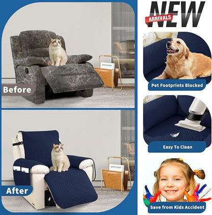 XINEAGE 100% Waterproof Recliner Cover, Non Slip Recliner Chair Cover with Elastic Band, Washable Recliner Slipcover with Storage Pockets for Kids, Pets (Dark Blue, 30")