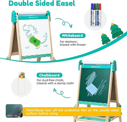Kids Wooden Easel Foldable Double Sided Whiteboard Blackboard Children Art Easel with Storage, Height Adjustable Easel for Boys Girls Painting and Writing (with Gift Packs)