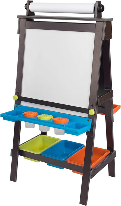 KidKraft Wooden Storage Easel with Dry Erase and Chalkboard Surfaces, Children's Art Furniture - Espresso, Gift for Ages 3+