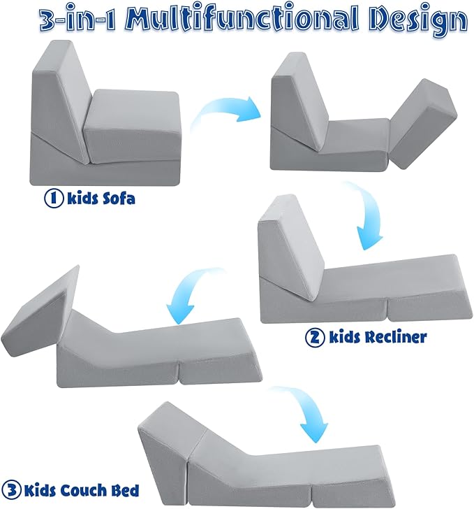 MeMoreCool Toddler Couch Fold Out Sofa Bed, Kids Lounge Chair Foldable Floor Lounger, 3-in-1 Folding Children Chair Bed, Pull Out Recliner for Toddlers 1-3, Grey