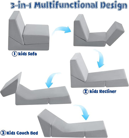 MeMoreCool Toddler Couch Fold Out Sofa Bed, Kids Lounge Chair Foldable Floor Lounger, 3-in-1 Folding Children Chair Bed, Pull Out Recliner for Toddlers 1-3, Grey