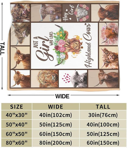 Just A Girl Who Loves Highland Cows Throw Blanket Cute Highland Cattle Fleece Plush Soft Cozy Cartoon Farm Cow Animal Gifts Blanket for Kids Girls Adults Couch Bed Chair Office Dorm Decor 40''X50''