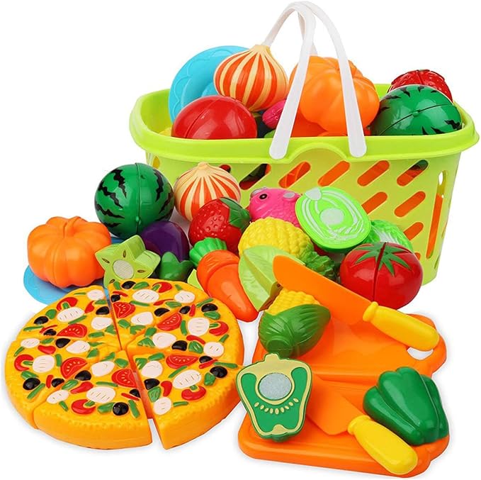 Cutting Play Food Set Kitchen Pretend - 40pcs Grocery Basket Toys Food for Kids Toddlers Girls Boys Educational Fake Fruits Vegetables Pizza Knife Dishes Playhouse Accessories Xmas Gifts