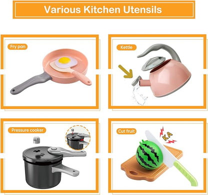 130Pcs Kitchen Playset, Toddler Pretend Cooking Play Pots, Pans, Utensils Cookware, Daily Food Fruit Veges, Shopping Storage Basket, Dessert, Prop Money, Learning Gift for Child (Pink)