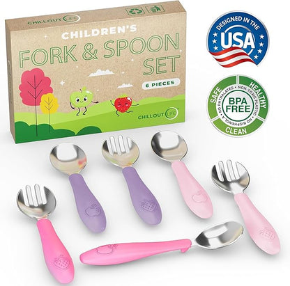 CHILLOUT LIFE Toddler Utensils, Kids Silverware with Silicone Handle, Stainless Steel Metal Toddler Forks and Spoons Safe Baby Cutlery Set for Self Feeding BPA Free Dishwasher Safe