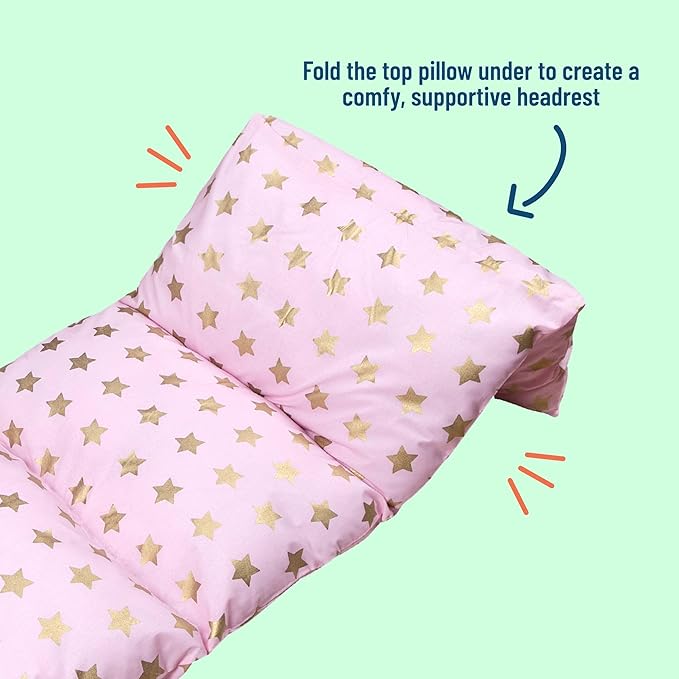 Wildkin Kids Floor Lounger: Ideal for Boys and Girls, Travel-Friendly, Perfect for Sleepovers - Pillow Lounger for Kids, Requires Standard Size Pillows Not Included (Pink and Gold Stars)