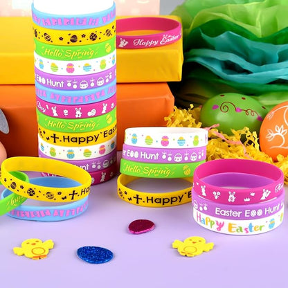 NEBURORA 72 Pcs Easter Rubber Bracelets Bunny Rabbit Egg Chick Flower Carrot Silicone Wristbands for Spring Happy Easter Party Favors Baskets Stuffers Egg Fillers