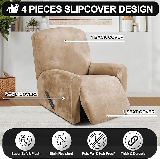 FestiCorp Recliner Chair Covers Real Velvet 4-Pieces Recliner Covers for Small Lazy Boy Recliner Chair Stretch Recliner Sofa Slipcovers Furniture Protector with Side Pocket & Elastic Bottom, Camel