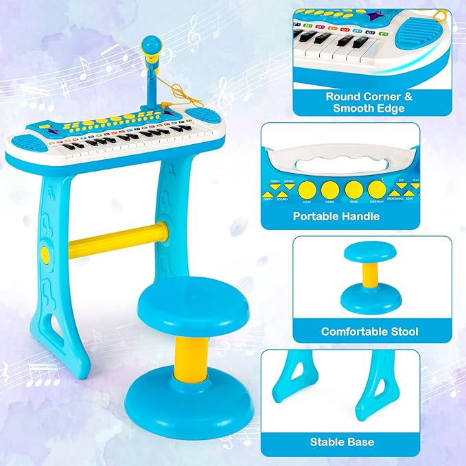 Costzon 31-Key Kids Piano Keyboard Toy, Toddler Electronic Musical Instrument Educational Toy w/Microphone, Multiple Sounds, Record Playback, Lights & Stool, Birthday Gift for Girls Boys Age 3+, Blue