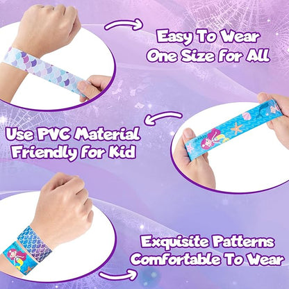 Mermaid Party Favors 30 Pcs Silicone Wristband Slap Bracelets Goody Bag Favors for Boys Girls Mermaid Birthday Party Under The Sea Themed Baby Shower Supplies