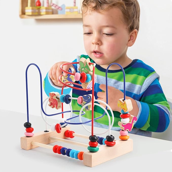 Wooden Bead Maze Toy for Toddlers, Dinosaur Themed Colorful Roller Coaster Abacus Activity Toy,Early Learning Educational, Fine Motor Skill Development, Gift for 3+ Boys and Girls